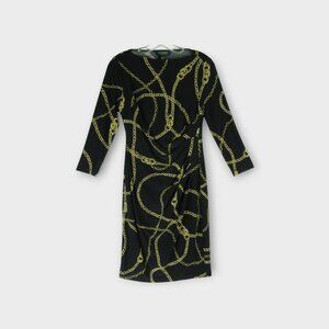 Lauren Ralph Lauren Black Gold Chain Link Jersey Dress Size 4 Pleated